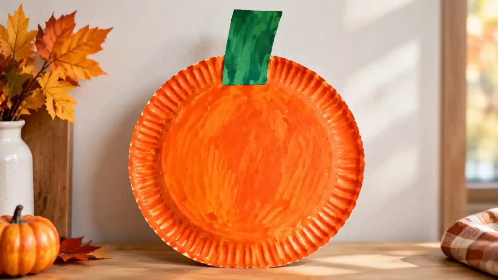 An orange painted paper plate pumpkin with a wide green paper stem and visible brush marks, no face.