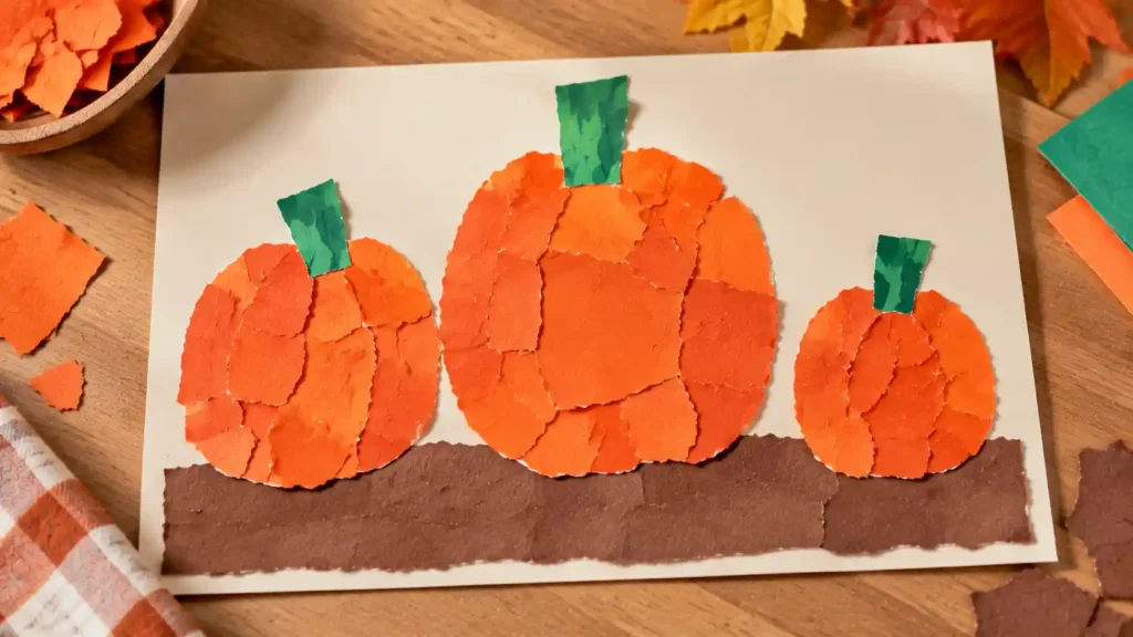 Three torn orange paper pumpkins of different sizes on cream cardstock with green stems and a brown paper ground strip.