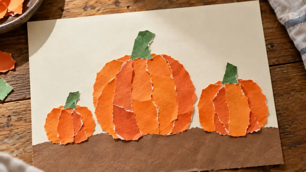 Two orange paper pumpkin characters with broad zigzag accordion arms and legs and simple drawn smiles.