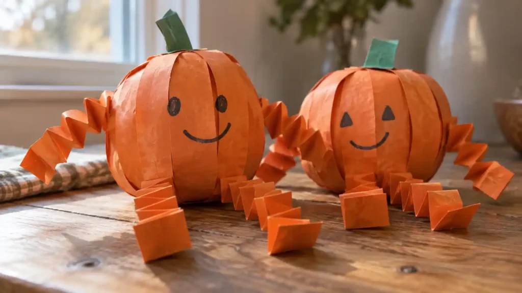 A red paper wagon carrying four blank orange pumpkin cutouts, with a plain name-practice card face down beside it.