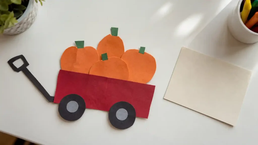 One child-made paper plate pumpkin pie wedge with orange tissue filling, tan paper crust and a large crumpled white tissue topping.