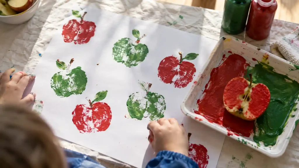 A large red apple collage with uneven torn paper edges, one green leaf and a brown paper stem.