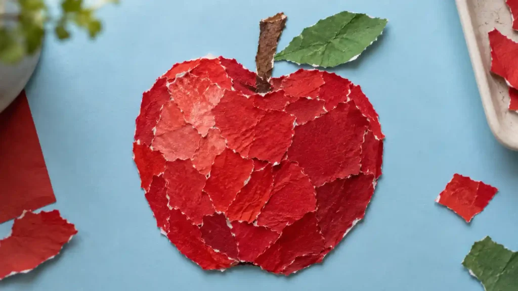 A red tissue paper apple suncatcher with a green leaf glowing in natural light.