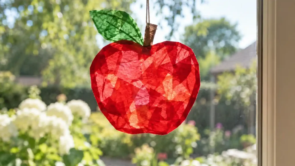 A child-made apple tree collage with a broad brown trunk, green paper canopy and seven large red paper-circle apples.