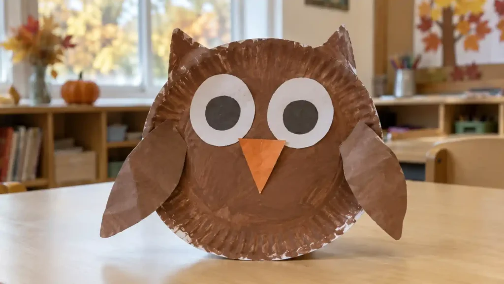 A brown painted paper plate owl with folded side wings, oversized flat paper eyes and an orange triangular beak.