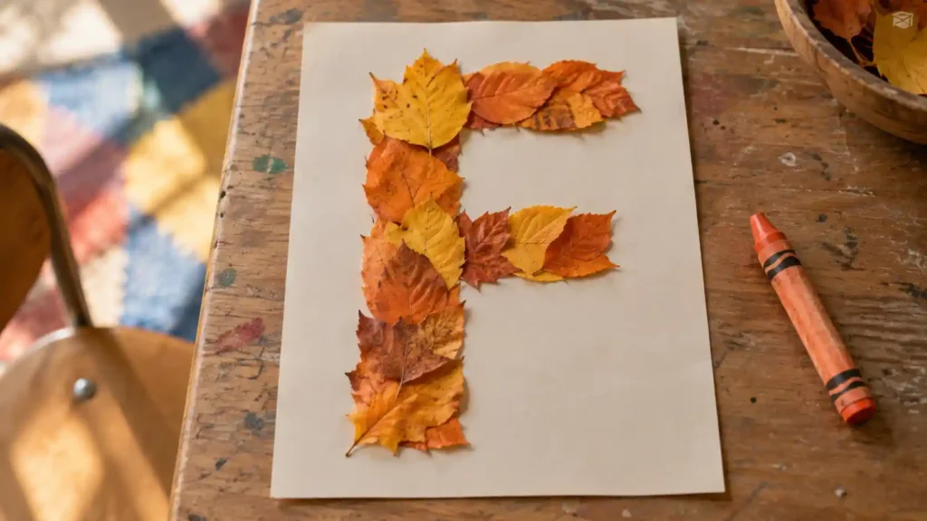 Orange and yellow paper leaves arranged along the vertical and horizontal strokes of a large F-shaped craft silhouette, no printed lettering.