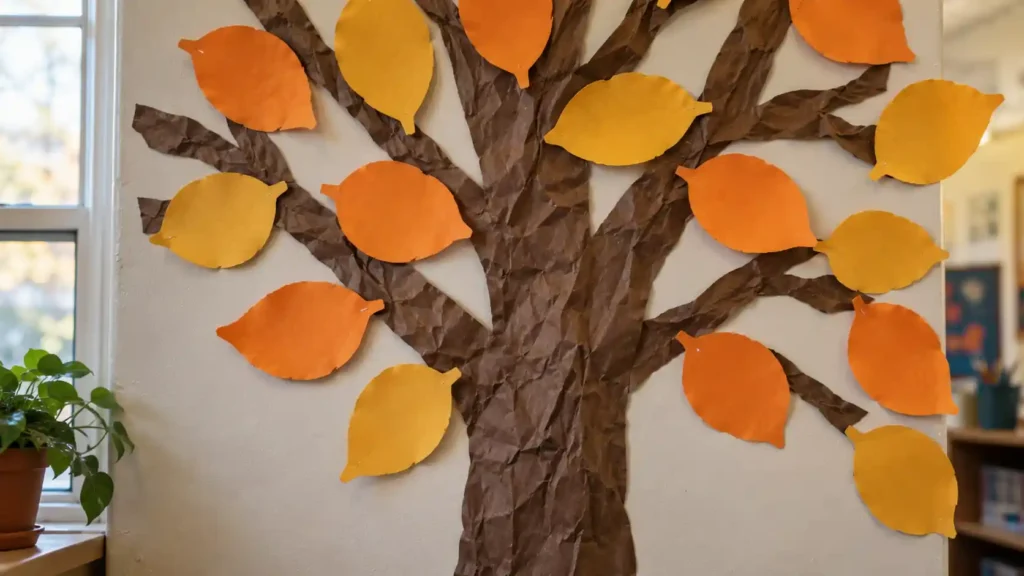 A brown paper tree with large blank orange and gold paper leaves ready for a gratitude activity.