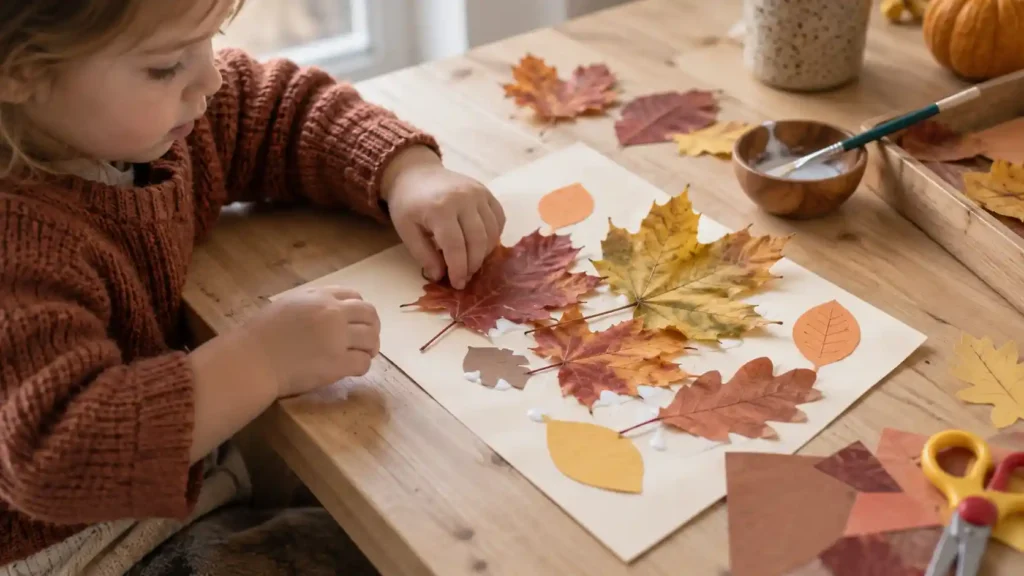 Fall Leaf Printing for toddlers, showing the finished handmade fall craft in a clean seasonal setting.