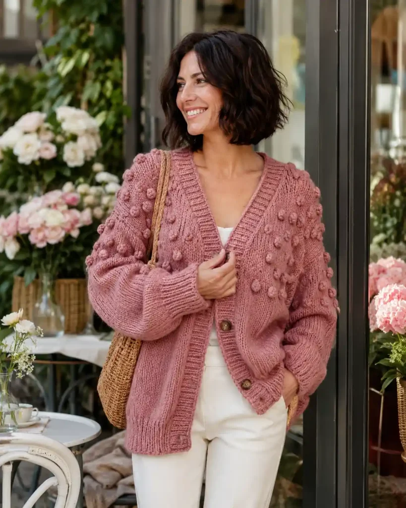  Dusty rose oversized cardigan decorated with scattered raised bobble stitches across the yoke and sleeves.