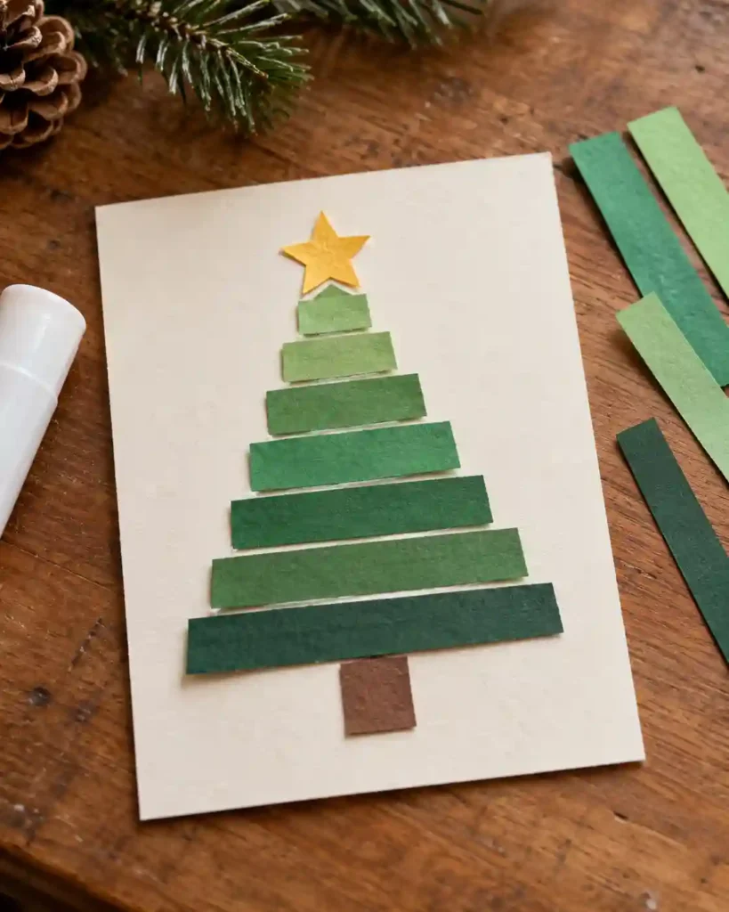 A green tree made from graduated paper strips on cream cardstock beside a few unglued strips.