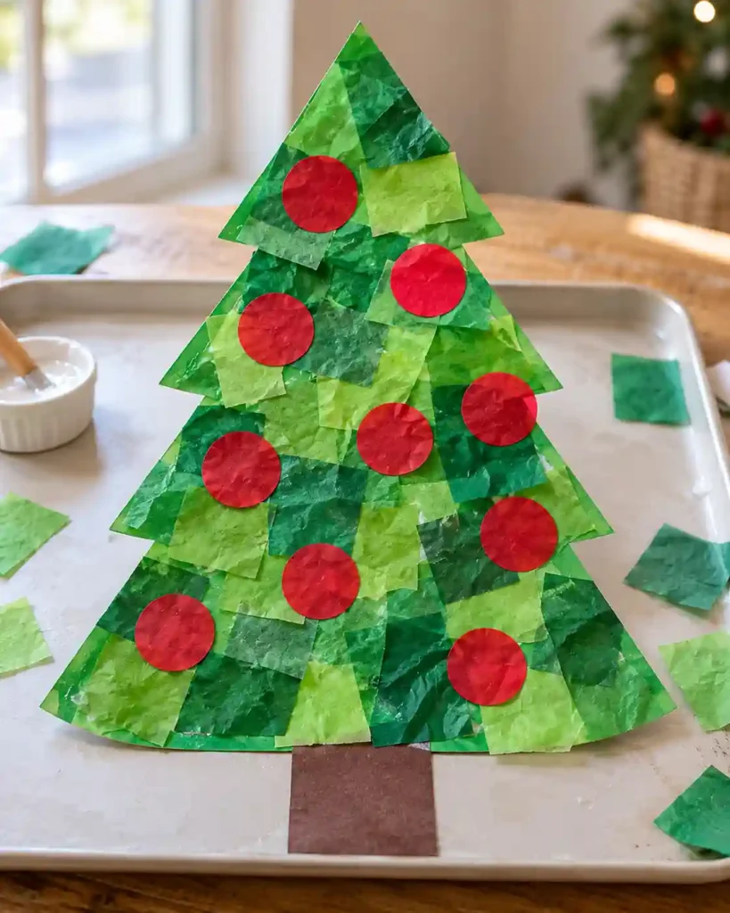 A paper plate ring covered with torn green paper leaves and a large red paper bow hanging against a pale wall.