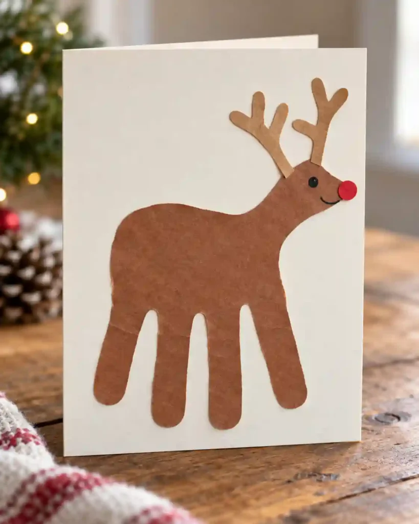 A brown hand-shaped paper reindeer on a folded ivory greeting card with drawn eyes and a red paper nose.