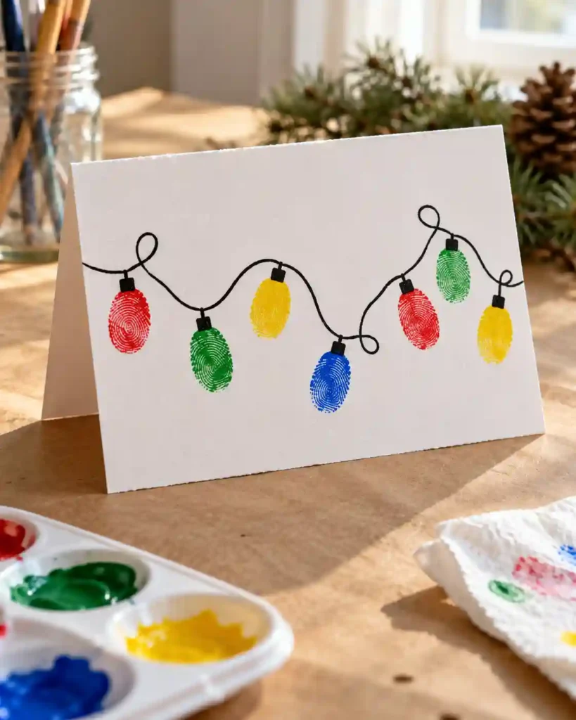 A folded white card with a looping black line and bright fingerprint light bulbs drying on a covered craft table.