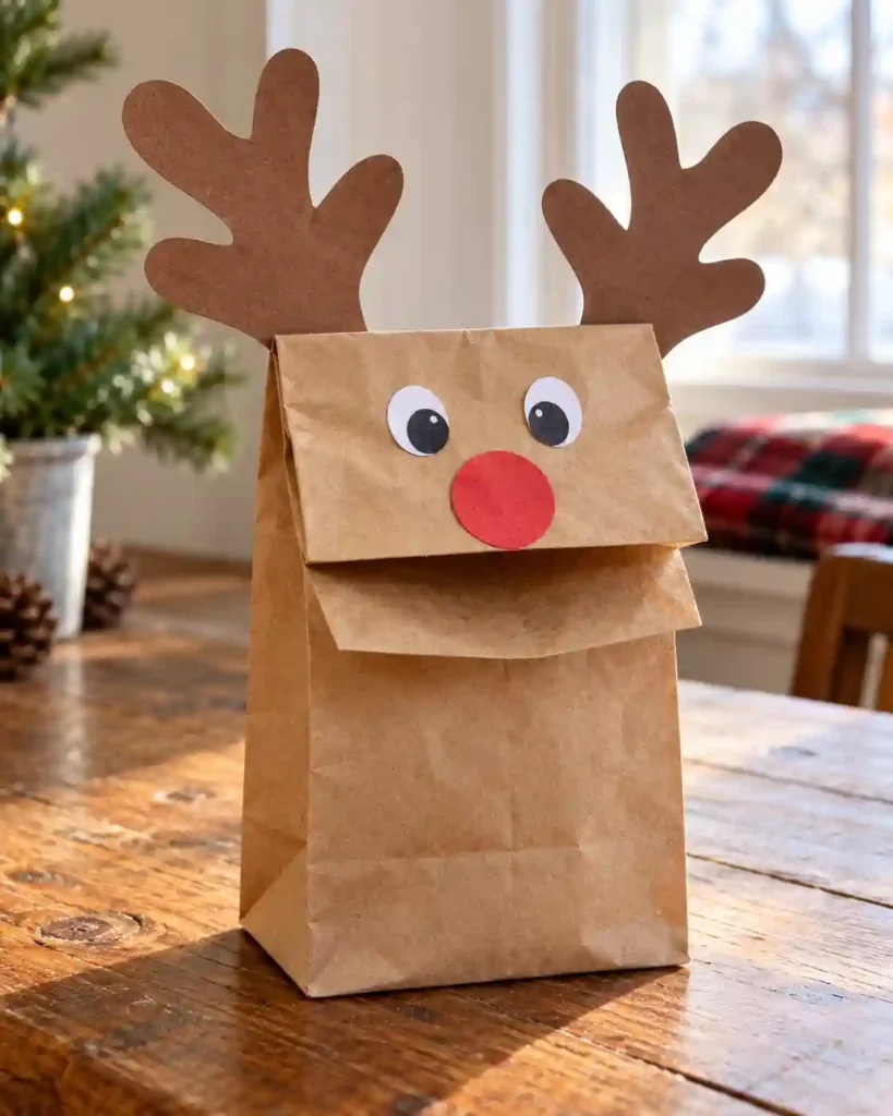 A kraft paper lunch-bag reindeer puppet with broad paper antlers and a clearly visible folding mouth flap.