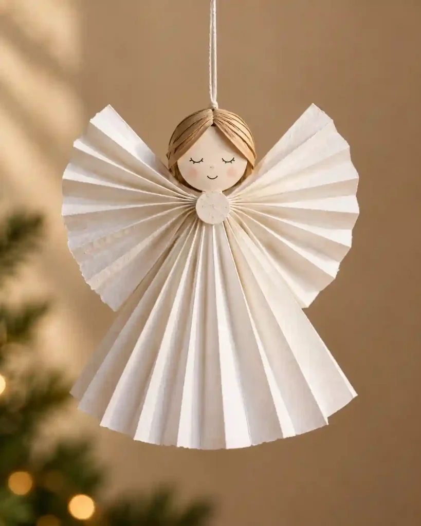 A white accordion-folded paper angel with fan-shaped wings and a round paper face suspended from thread against warm beige.