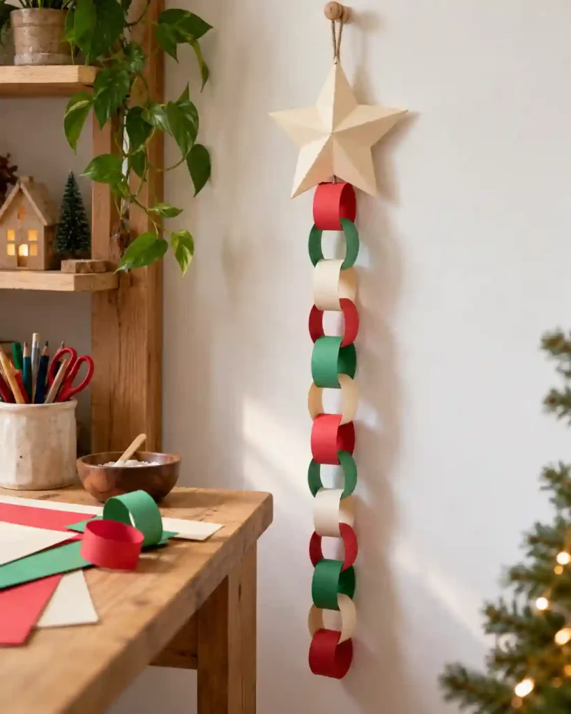 A red green and cream paper chain draped from a simple paper star beside a family craft station.