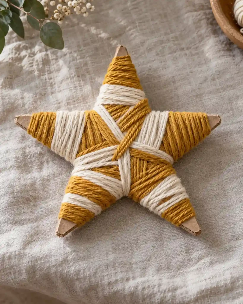A triangular green craft-stick tree ornament with a brown paper trunk and small flat paper decorations on linen.