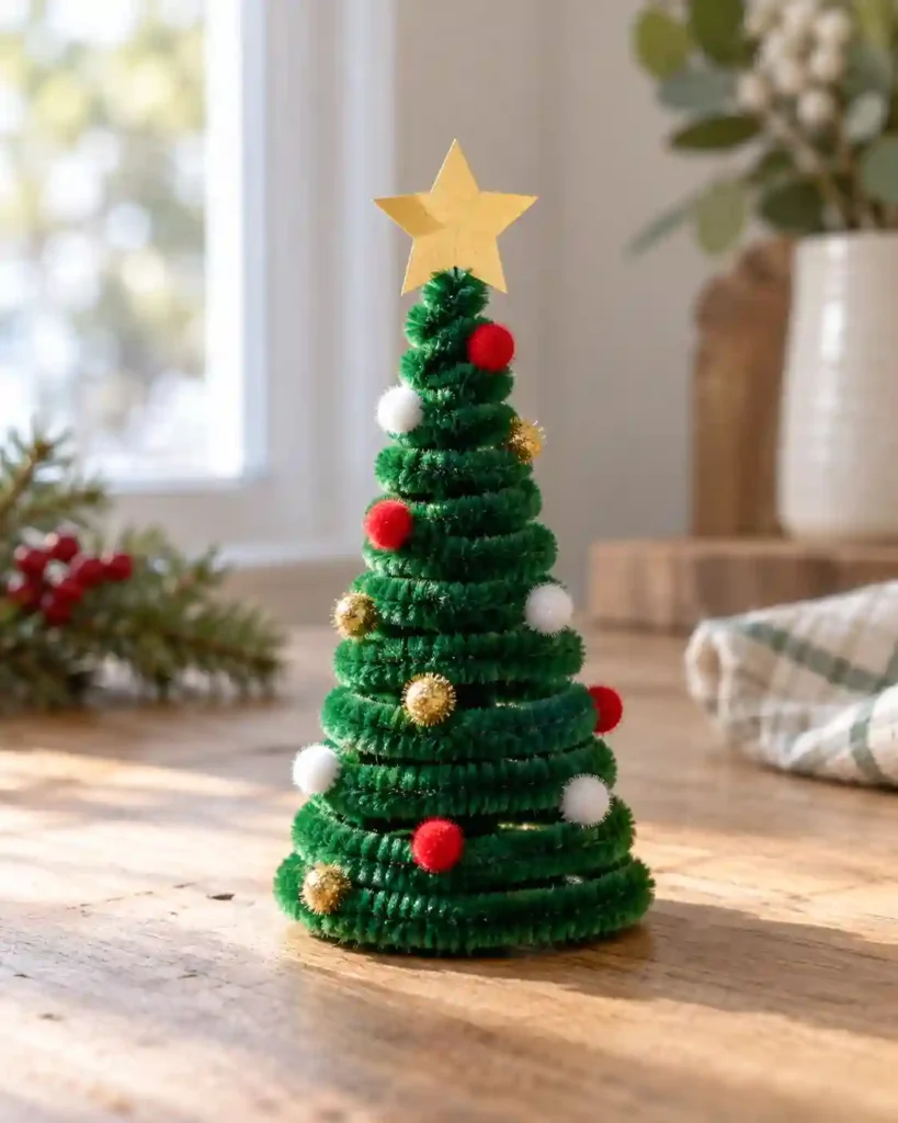 A small conical tree made from a coiled green chenille stem with its ends tucked inward and a paper star topper.