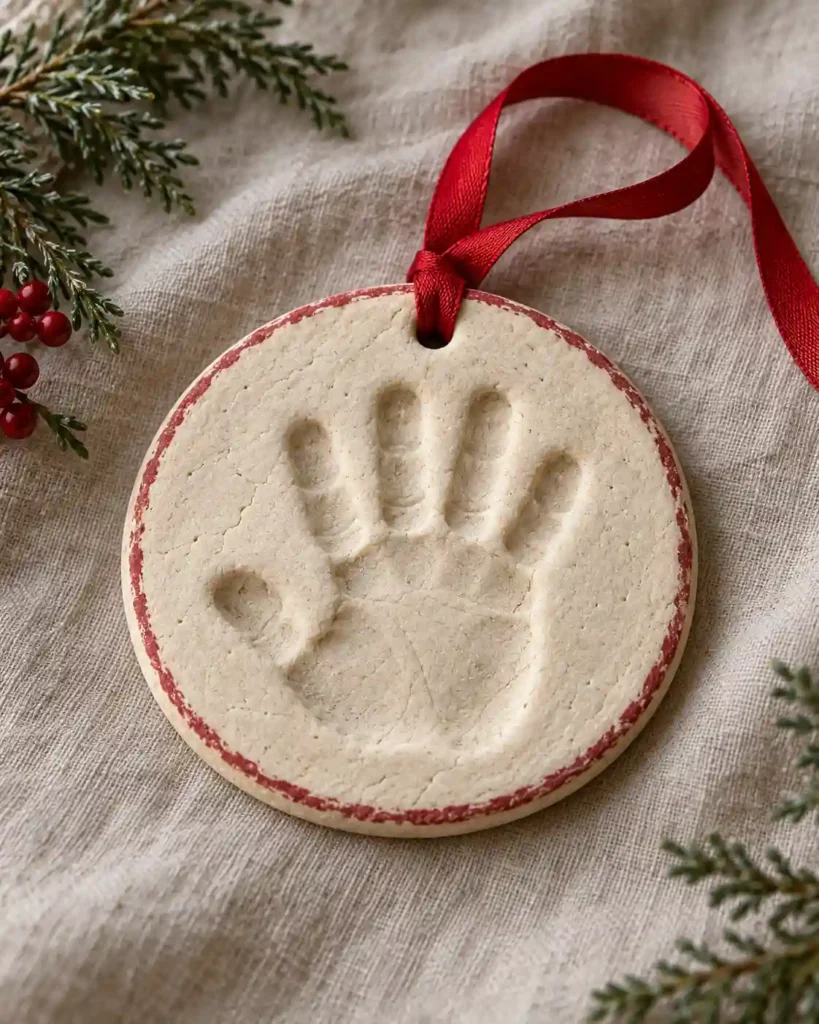 A fully dried round salt-dough handprint ornament with a subtle painted rim and red ribbon on a neutral cloth.