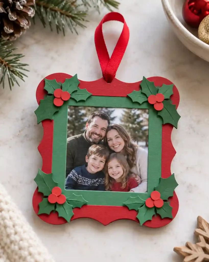 A red and green cardstock frame ornament with a small generic family portrait and a neatly attached ribbon loop on a pale tabletop.