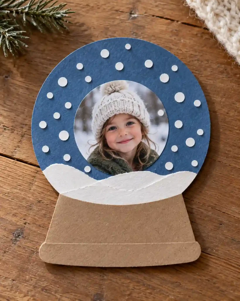 A flat paper snow-globe card containing a small generic child portrait surrounded by white paper snow dots on a blue circle and kraft base.