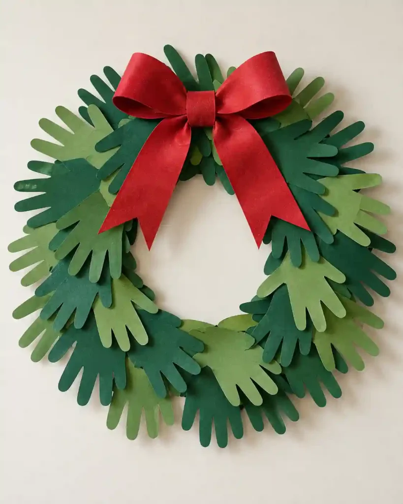 A circular wreath made from overlapping green paper hand silhouettes with a broad red bow on a cream background.