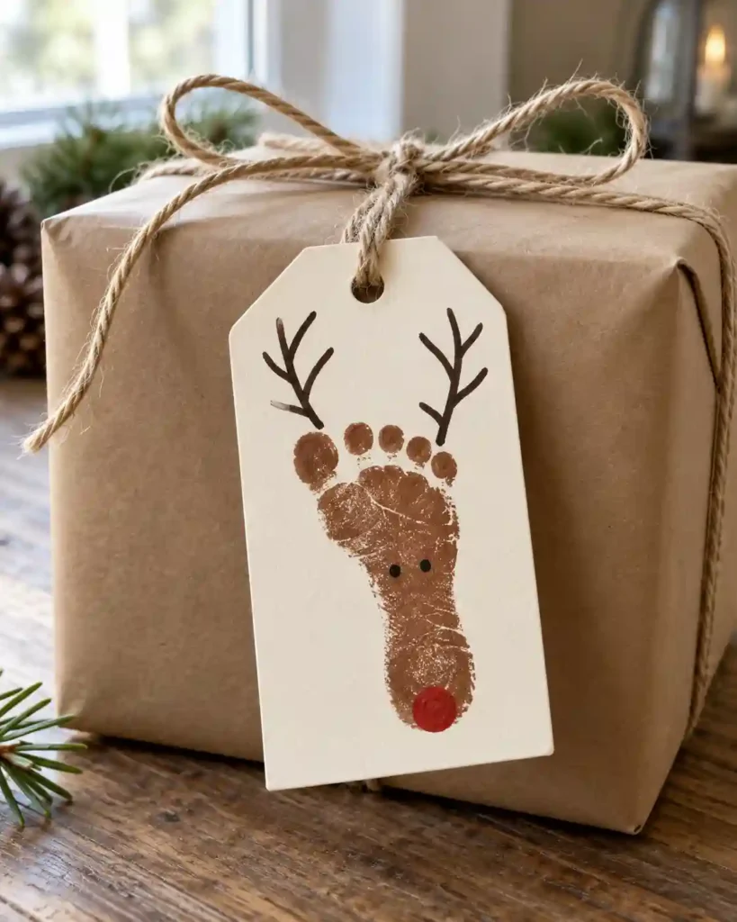 A large cream gift tag bearing a brown footprint reindeer with drawn antlers tied to a plain kraft-wrapped present.