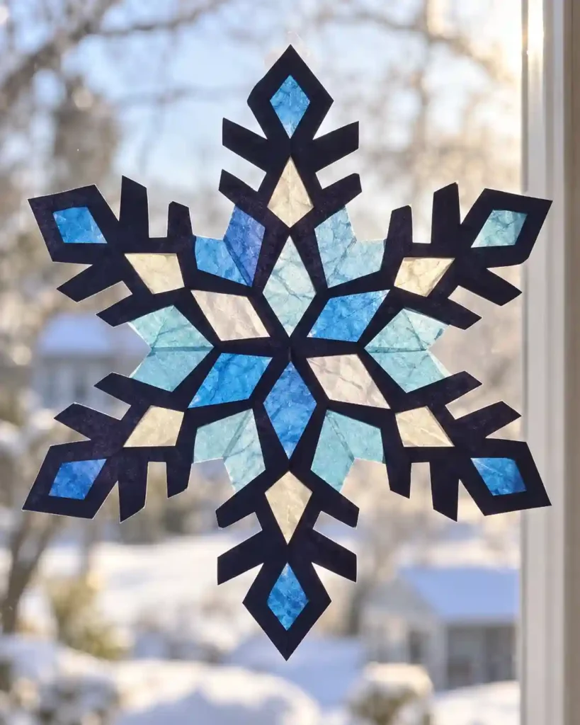 A translucent tissue-paper snowflake in a dark paper outline attached to a bright window with soft natural light passing through.