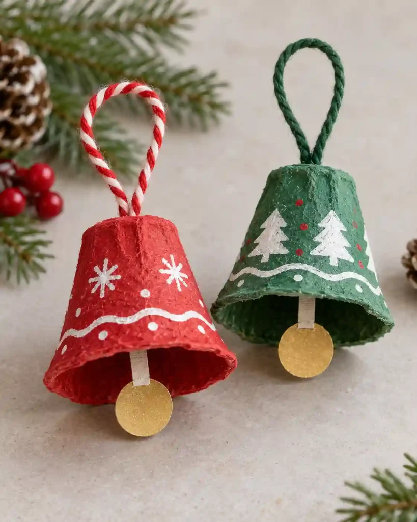 Two inverted painted egg-carton cups shaped as christmas bells with yarn loops and flat paper clappers on a neutral surface.