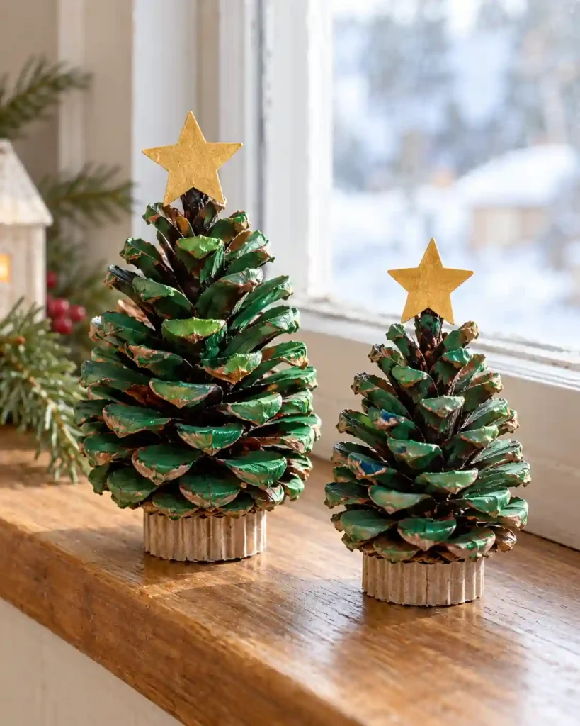 Two flat green felt tree ornaments with visible fabric texture and glued felt circles hanging from red ribbon against cream.