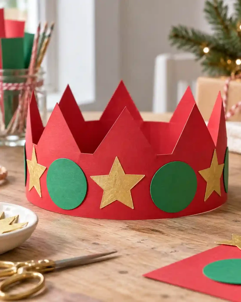 A red cardstock crown decorated with large green circles and gold paper stars resting on a tidy party craft table.