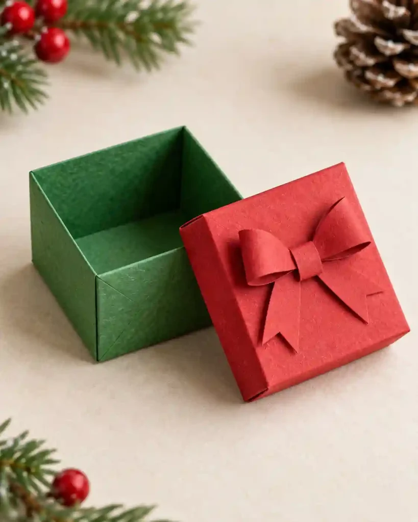 A small folded green paper gift box with a slightly larger red lid set beside it and a flat paper bow on a cream surface.