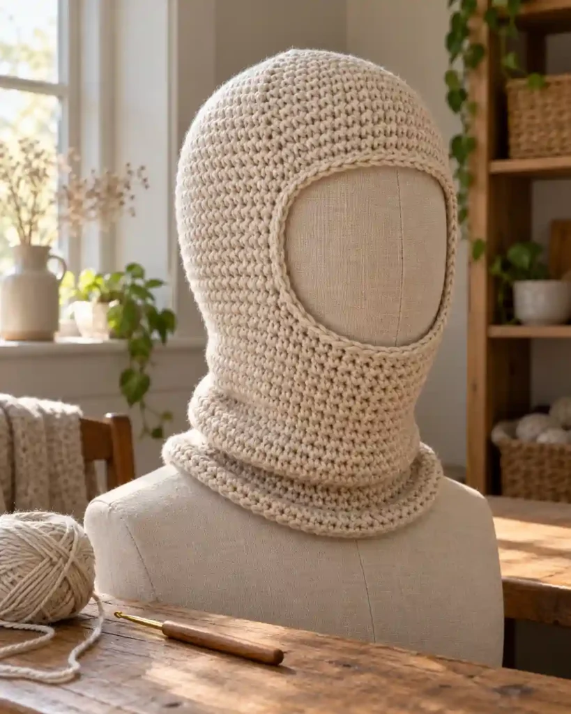 Handmade easy single-crochet balaclava for beginners with visible crochet stitches, photographed for a crochet balaclava ideas guide.