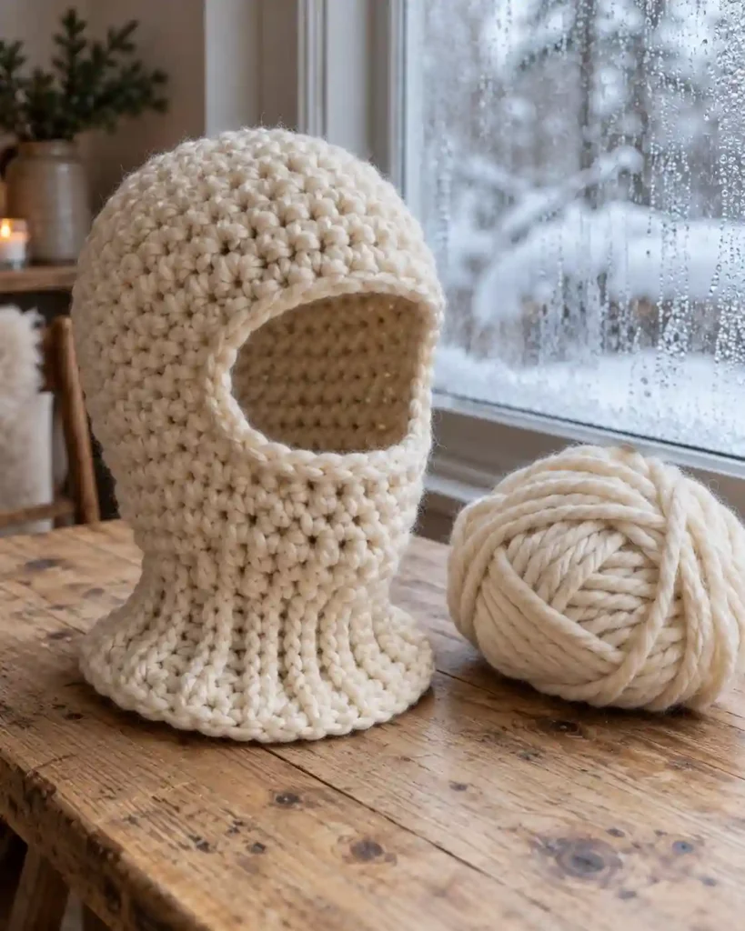 Handmade chunky one-skein crochet balaclava with visible crochet stitches, photographed for a crochet balaclava ideas guide.