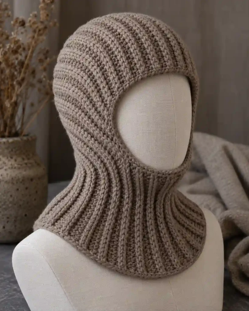 Handmade granny square crochet balaclava with visible crochet stitches, photographed for a crochet balaclava ideas guide.
