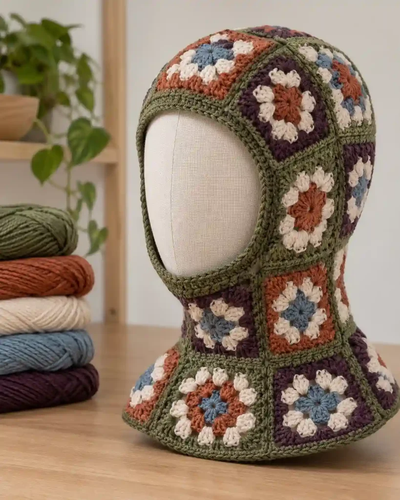 Handmade granny square balaclava scarf with visible crochet stitches, photographed for a crochet balaclava ideas guide.