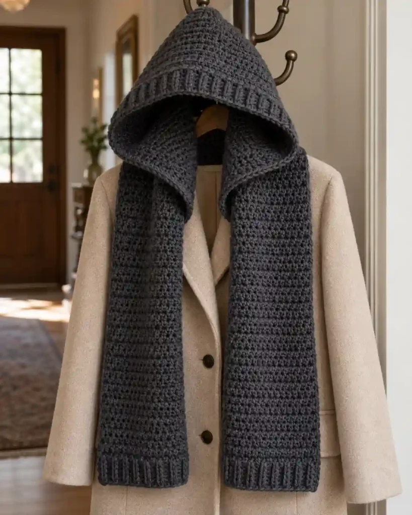Handmade crochet balaclava scarf or scoodie with visible crochet stitches, photographed for a crochet balaclava ideas guide.