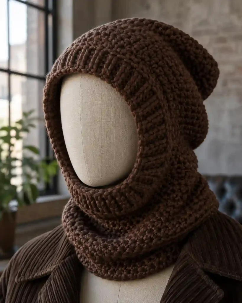 Handmade oversized baggy crochet balaclava with visible crochet stitches, photographed for a crochet balaclava ideas guide.