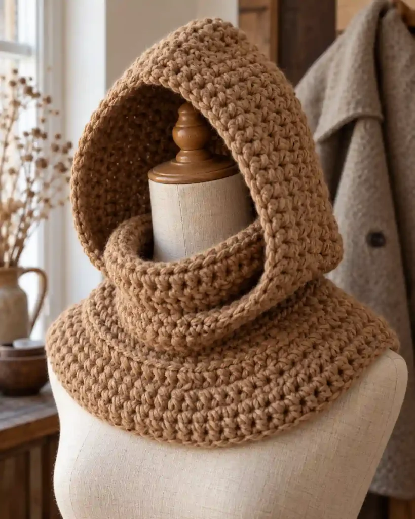 Handmade hooded cowl crochet balaclava with visible crochet stitches, photographed for a crochet balaclava ideas guide.