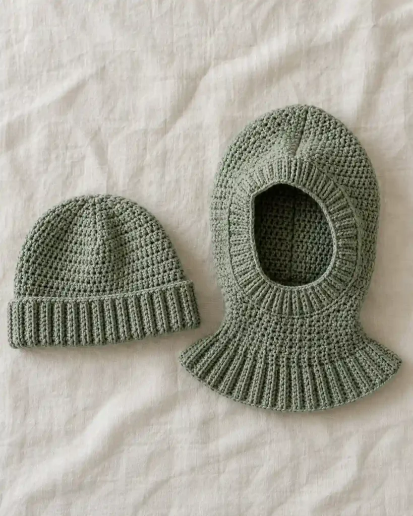 Handmade convertible balaclava beanie with visible crochet stitches, photographed for a crochet balaclava ideas guide.