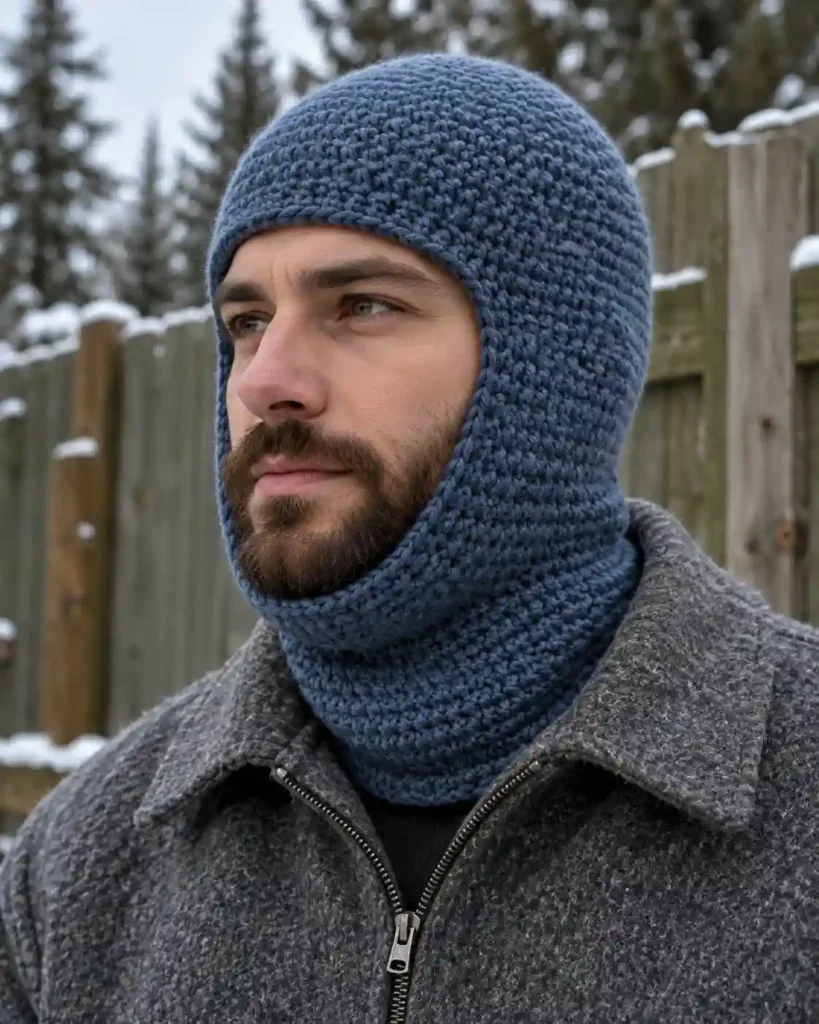 Handmade crochet balaclava for men with visible crochet stitches, photographed for a crochet balaclava ideas guide.