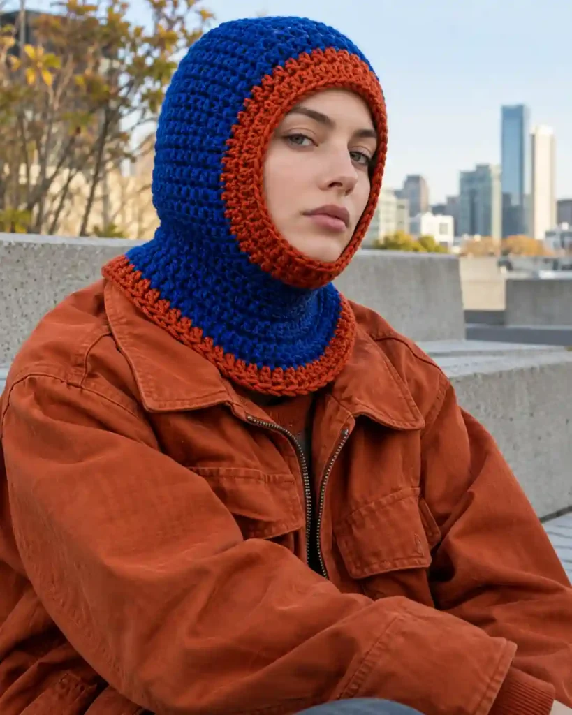 Handmade minimal black crochet balaclava with visible crochet stitches, photographed for a crochet balaclava ideas guide.