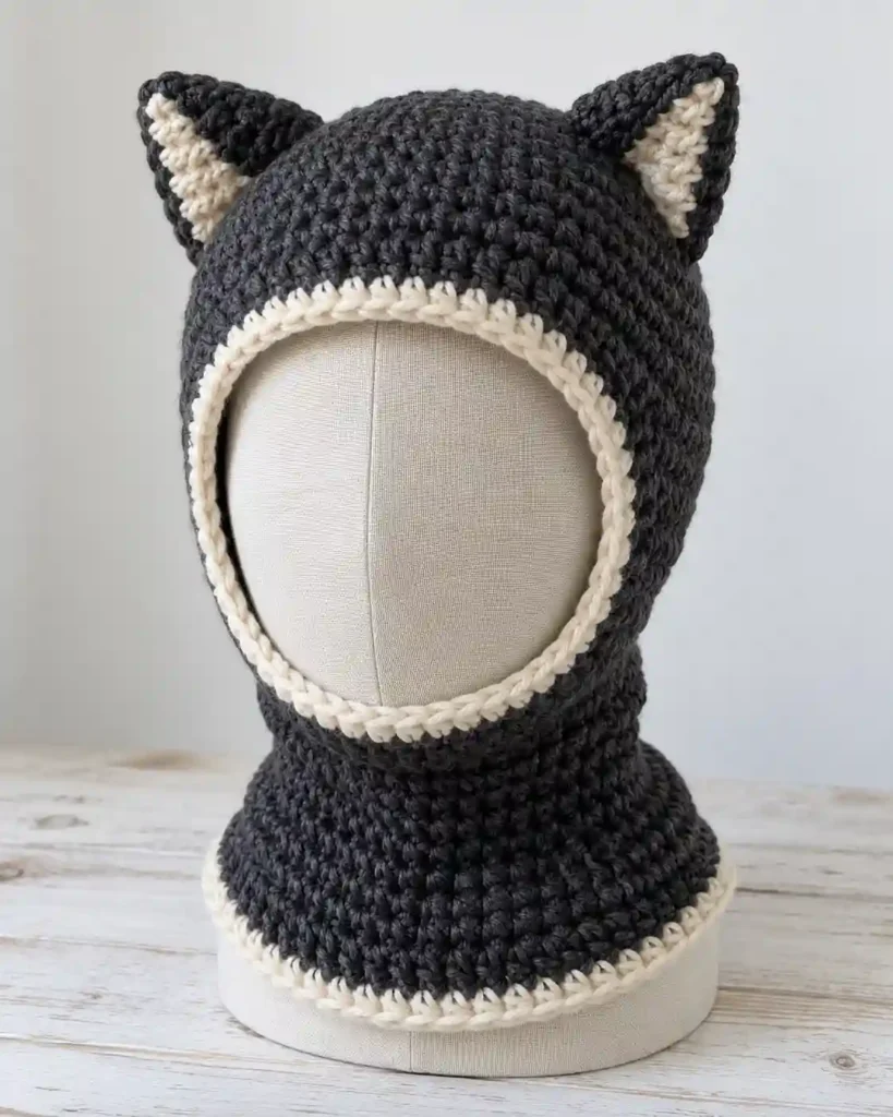 Handmade crochet bunny ear balaclava with visible crochet stitches, photographed for a crochet balaclava ideas guide.