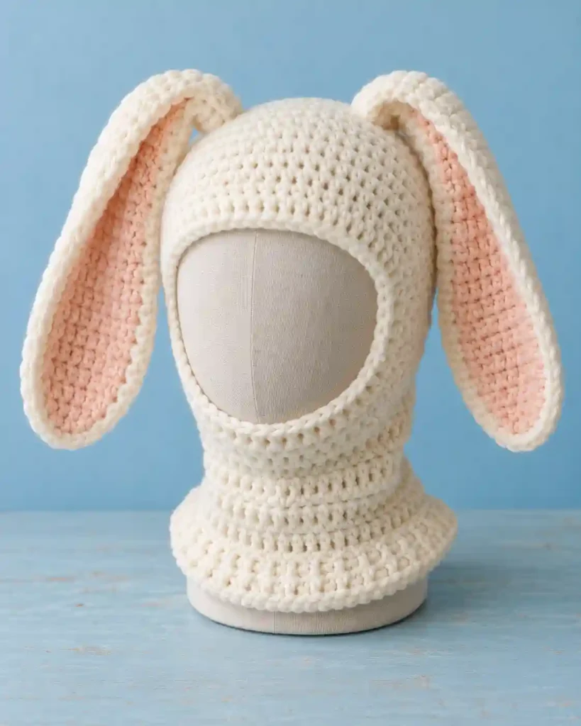 Handmade crochet cat ear balaclava with visible crochet stitches, photographed for a crochet balaclava ideas guide.