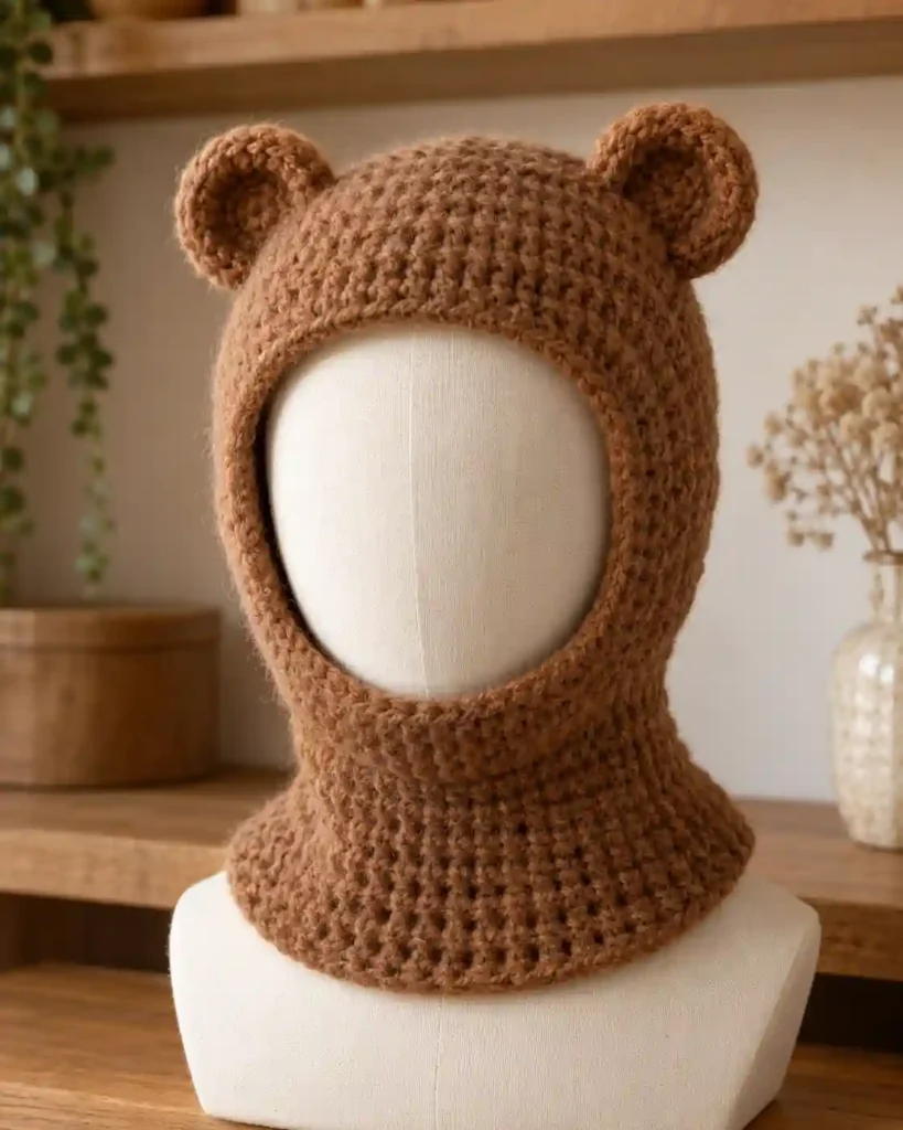Handmade teddy bear ear crochet balaclava with visible crochet stitches, photographed for a crochet balaclava ideas guide.