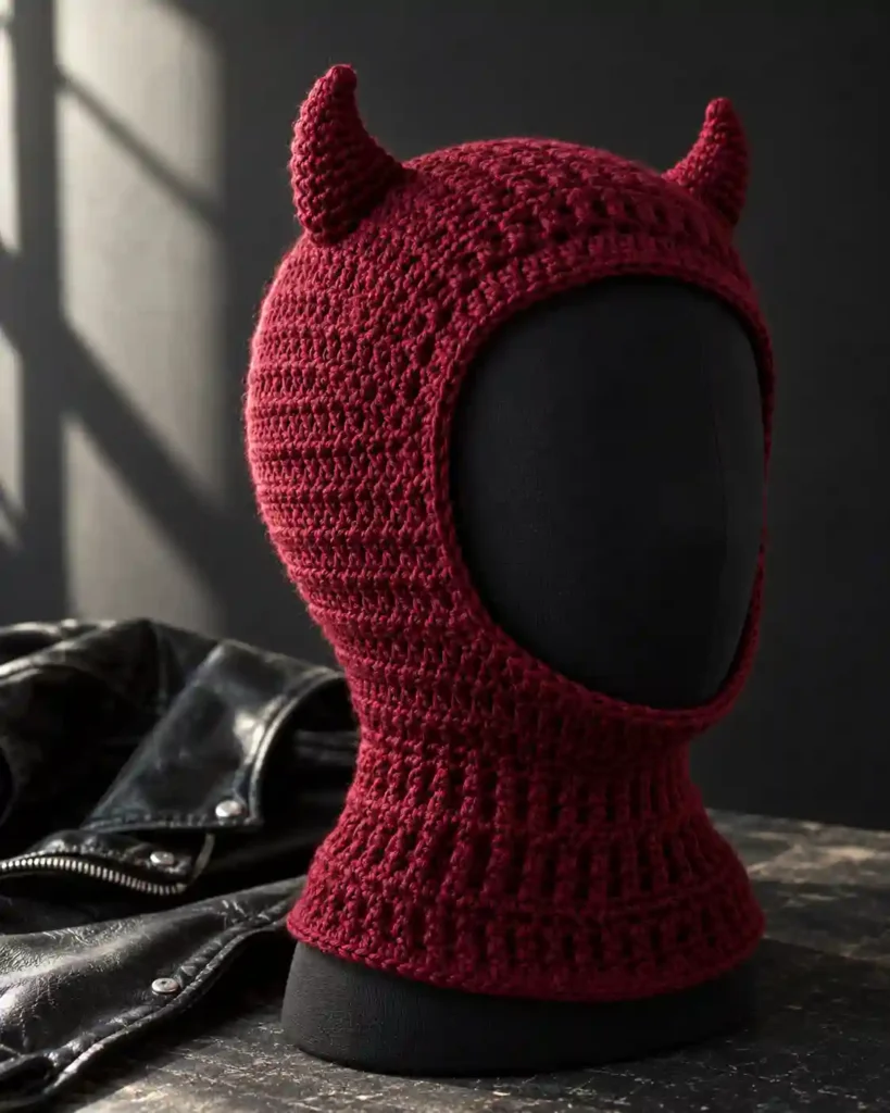 Handmade crochet frog balaclava with visible crochet stitches, photographed for a crochet balaclava ideas guide.
