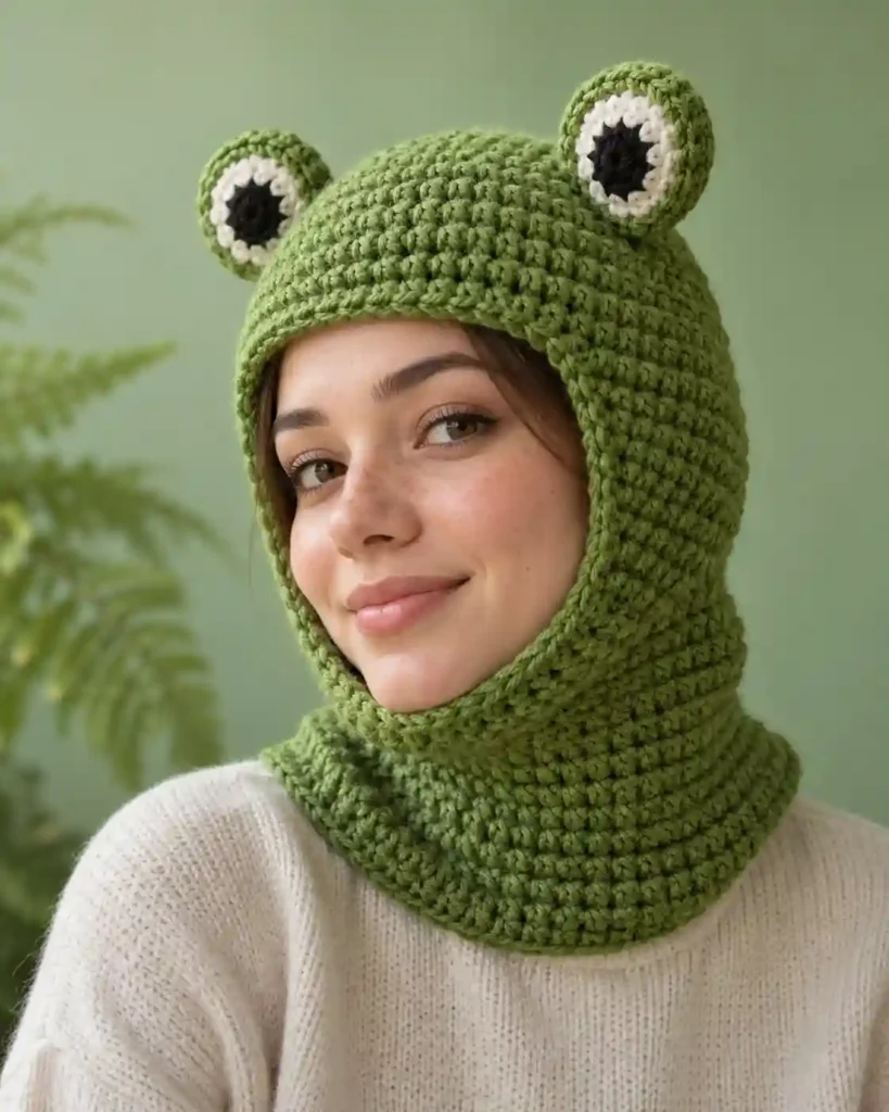 Handmade devil horn crochet balaclava with visible crochet stitches, photographed for a crochet balaclava ideas guide.