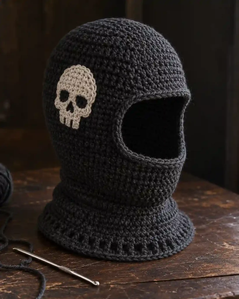 Handmade skull-motif crochet balaclava with visible crochet stitches, photographed for a crochet balaclava ideas guide.