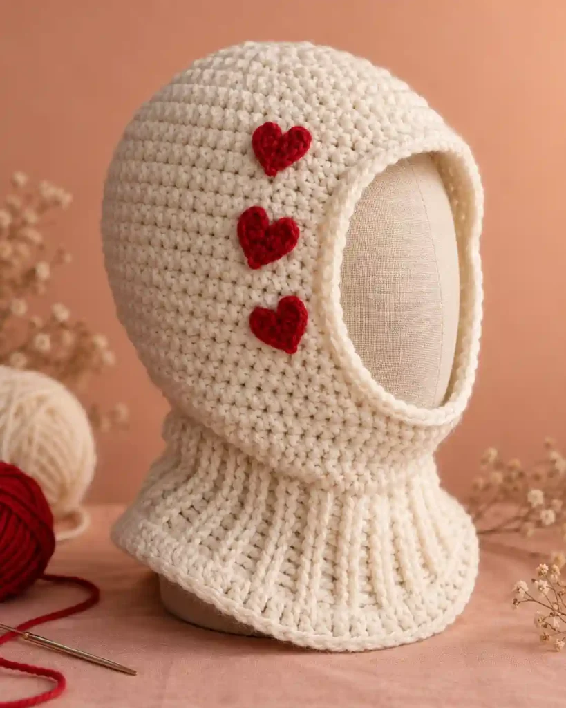 Handmade heart-motif crochet balaclava with visible crochet stitches, photographed for a crochet balaclava ideas guide.
