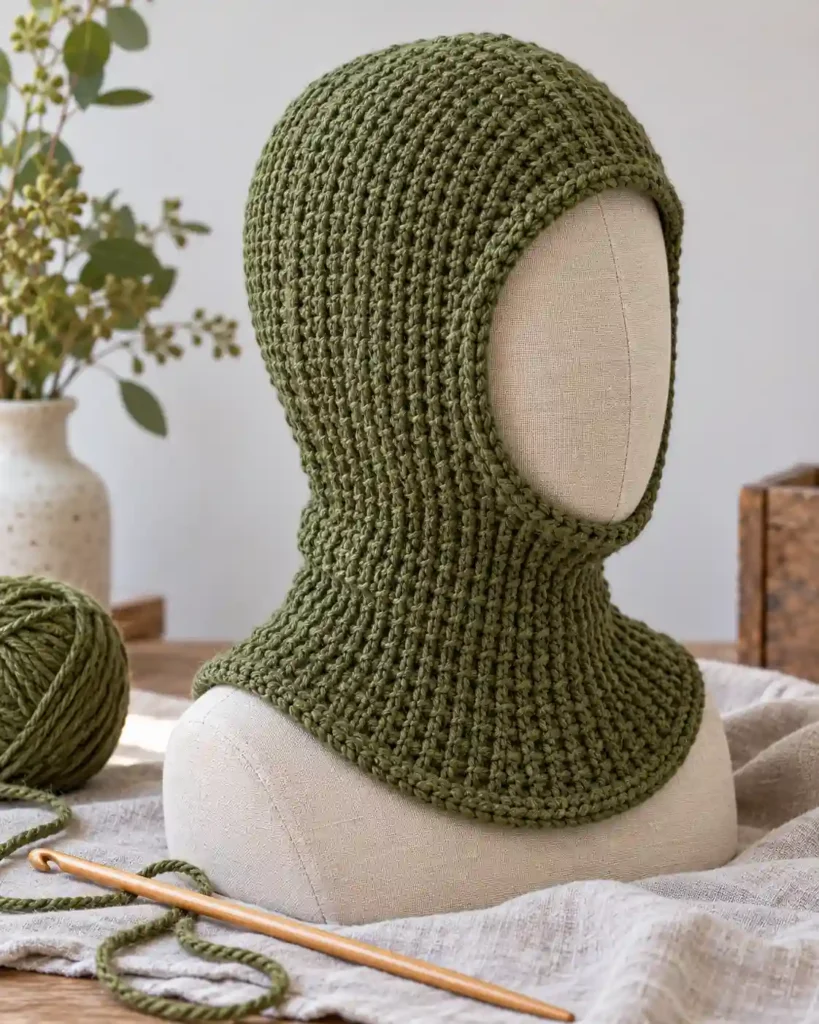 Handmade tunisian crochet balaclava with visible crochet stitches, photographed for a crochet balaclava ideas guide.